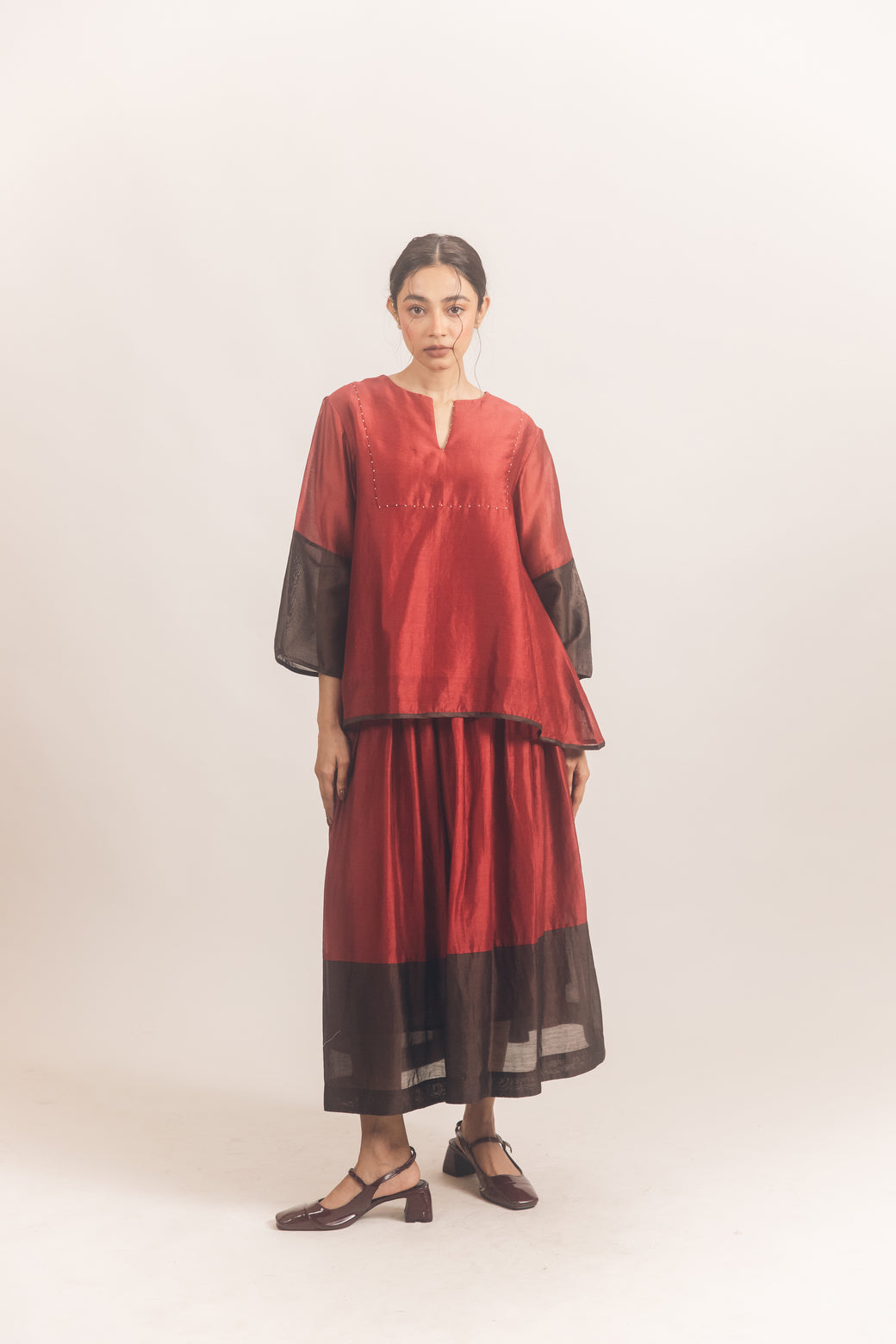 Red brown chanderi skirt set