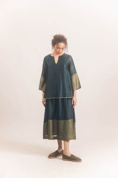 Blue green chanderi skirt set