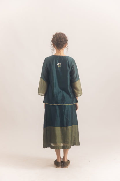 Blue green chanderi skirt set